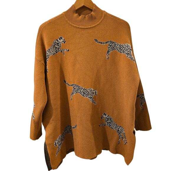 NOC Cheetah Brown Mock Neck Long Sleeve Pullover Sweater Medium 3/4 Sleeve - Picture 1 of 9